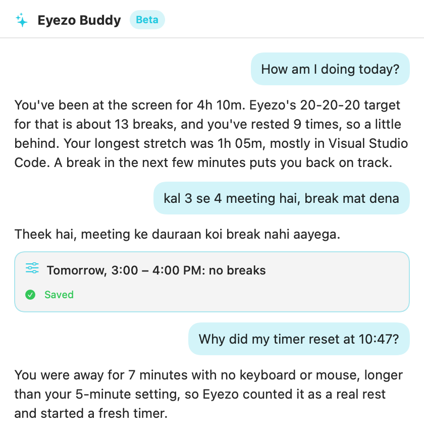 Eyezo Buddy in the Mac app: how am I doing today, a meeting tomorrow, why the timer reset